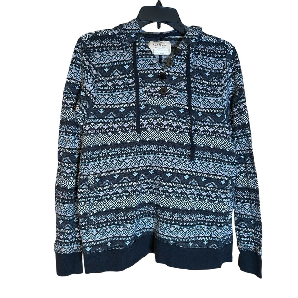 Old Ranch Womens Black Gray Aztec Hoodie Pullover Long Sleeve Large Western Read